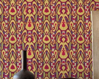 Colorful Ikat Wallpaper, Magenta and Mustard Geometric Pattern