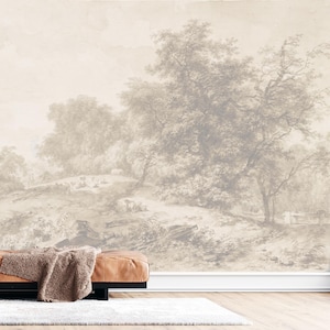 Peut inclure: Une murale sépia représentant un paysage avec des arbres et des collines. Un banc en cuir marron avec une couverture et un coussin est placé devant la murale. Un lampadaire noir et un tapis blanc sont au premier plan.