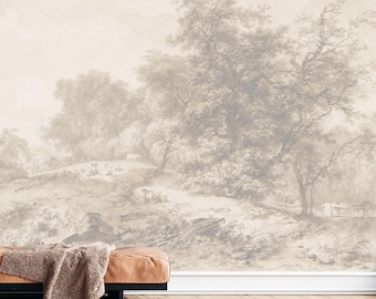 Vintage Sepia Forest Scenic Peel & Stick Wallpaper - Watercolor Painting Style Botanical Wall Decor