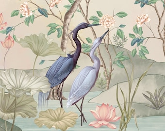 Papel pintado chinoiserie, pared de cáscara y palo extraíble o papel pintado no tejido Papel pintado de grulla inspirado en chinoiserie, autoadhesivo temporal