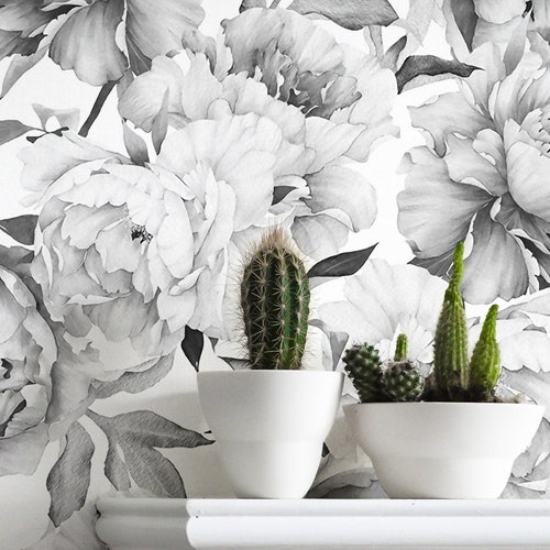 Peony Wall Mural Black and White Wall Murals Peel and Stick Etsy