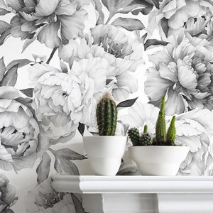 Carta da parati rimovibile con peonia gigante in bianco e nero, carta da parati staccabile e incollabile riutilizzabile, carta da parati floreale scura autoadesiva, carta da parati staccabile e incollabile
