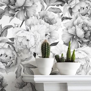 Giant Black and White Peony Removable Wallpaper Mural, Reusable Peel and Stick, Self Adhesive Dark Floral Wallpaper,Peel and Stick Wallpaper