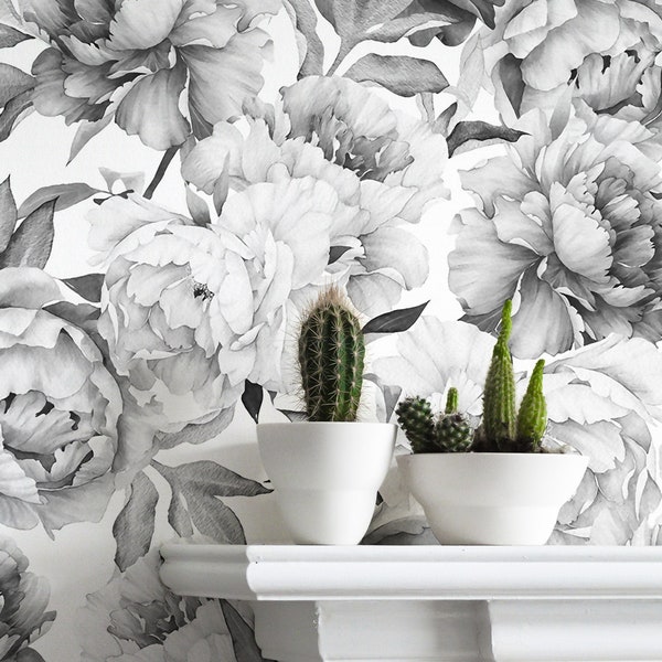 Mural de papel pintado extraíble de peonía en blanco y negro: despegar y pegar