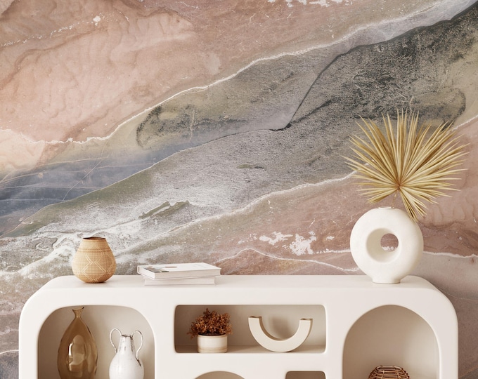 Earthy Abstract Wallpaper | Taupe Green Marble Effect Wall Decor Peel and Stick