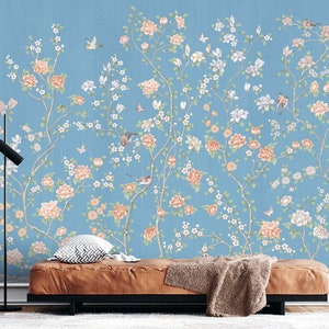 Blue Chinoiserie Peel and Stick Wallpaper: Birds & Flowers