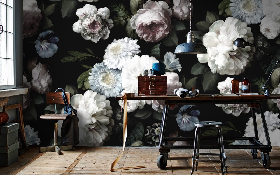 Dark Floral Mural Floral Wallpaper Dark Flowers Peony Wallpaper Dark