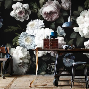 Dark Floral Mural - Floral Wallpaper - Dark Flowers Peony Wallpaper - Dark Floral wallpaper - Removable Wallpaper - Tropical Wallpaper