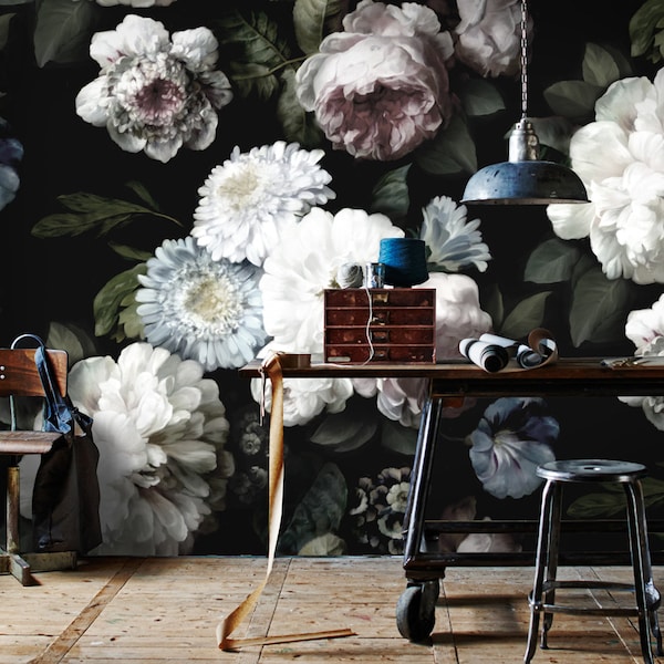 Dark Floral Mural - Papier peint floral - Dark Flowers Peony Wallpaper - Dark Floral wallpaper - Papier peint amovible - Tropical Wallpaper