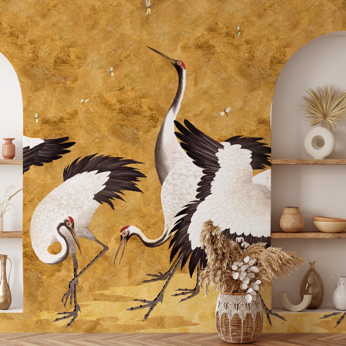 Golden Cranes Wallpaper Removable Peel and Stick Mural | Etsy