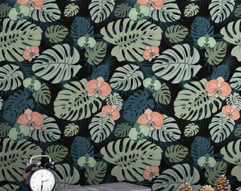Monstera Leaves Print Wallpaper - Removable Wallpaper - Monstera Palm Leaves Wallpaper - Tropical Print - Temporary Peel and Stick Wall Art