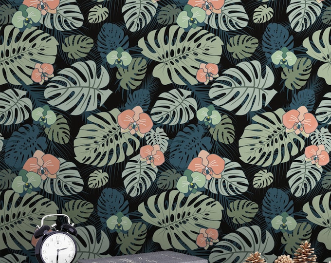 Monstera Leaves Print Wallpaper - Removable Wallpaper - Monstera Palm Leaves Wallpaper - Tropical Print - Temporary Peel and Stick Wall Art