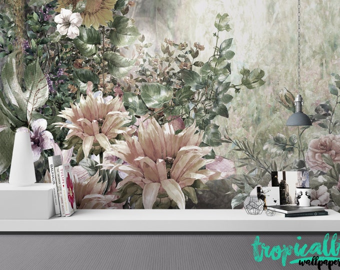 Tropical Decor Wallpaper - Removable Wallpapers - Floral Wallpaper - Self Adhesive Jungle Wall Decal - Temporary Peel and Stick Wall Art