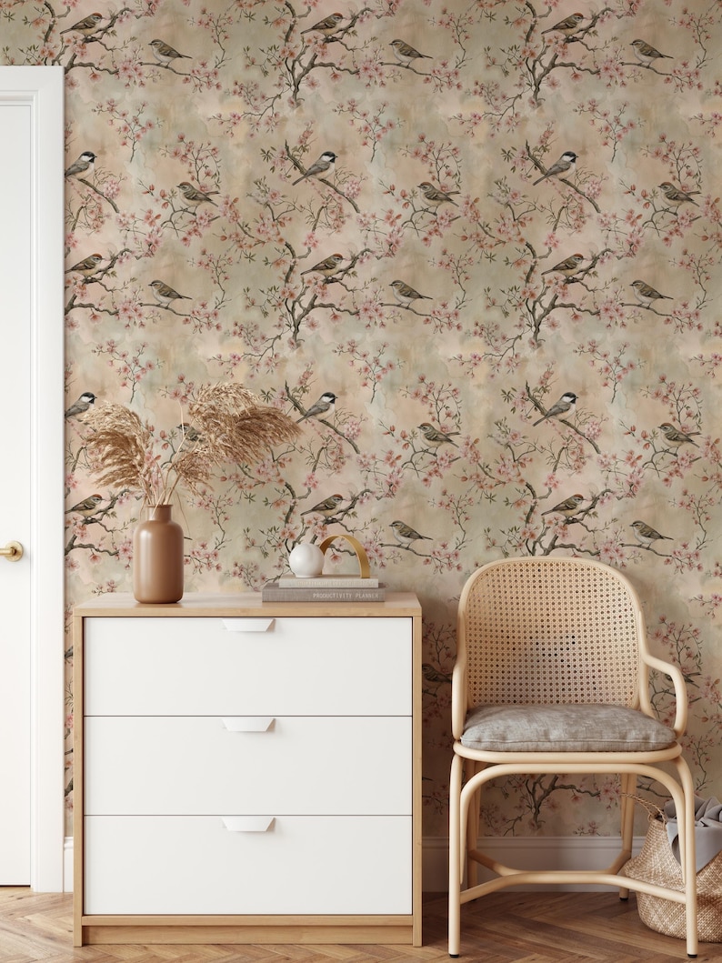 Elegant Chinoiserie Cherry Blossom Wall Mural: Soft Pastel Birds ...
