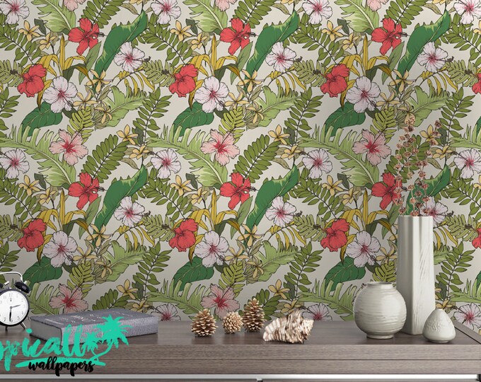 Tropical Leaves Pattern Wallpaper - Removable Wallpaper - Tropical Plants and Flower Wallpaper - Exotic Wall Sticker - Tropical Wallpaper