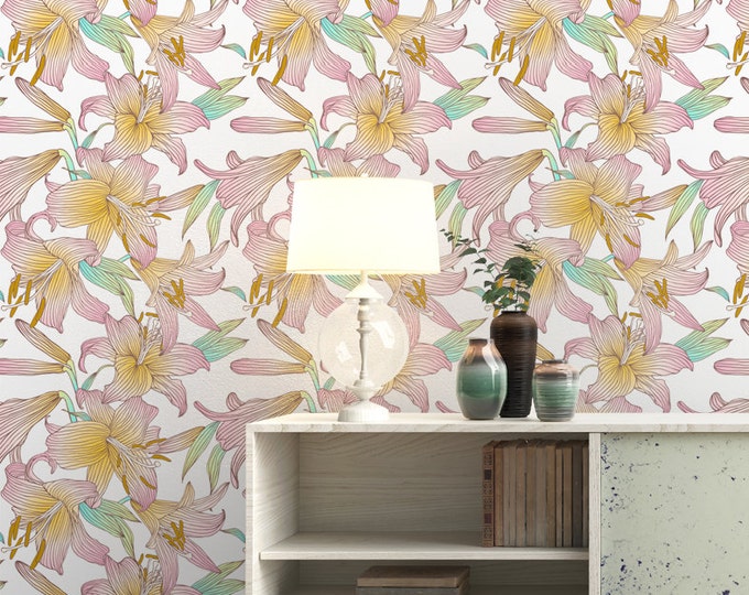 Colorful Lily Flower Pattern Wallpaper - Removable Wallpaper - Lily Poppy Flower Wallpaper - Exotic Wall Sticker - Tropical Wallpaper