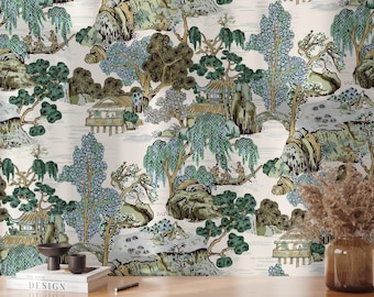 Asian Landscape Wallpaper, Chinoiserie Scenic Wall Mural, Traditional Asian Art Wallpaper, Pagoda Nature Design