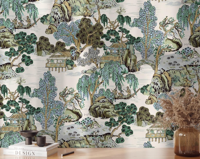 Asian Landscape Wallpaper, Chinoiserie Scenic Wall Mural, Traditional Asian Art Wallpaper, Pagoda Nature Design