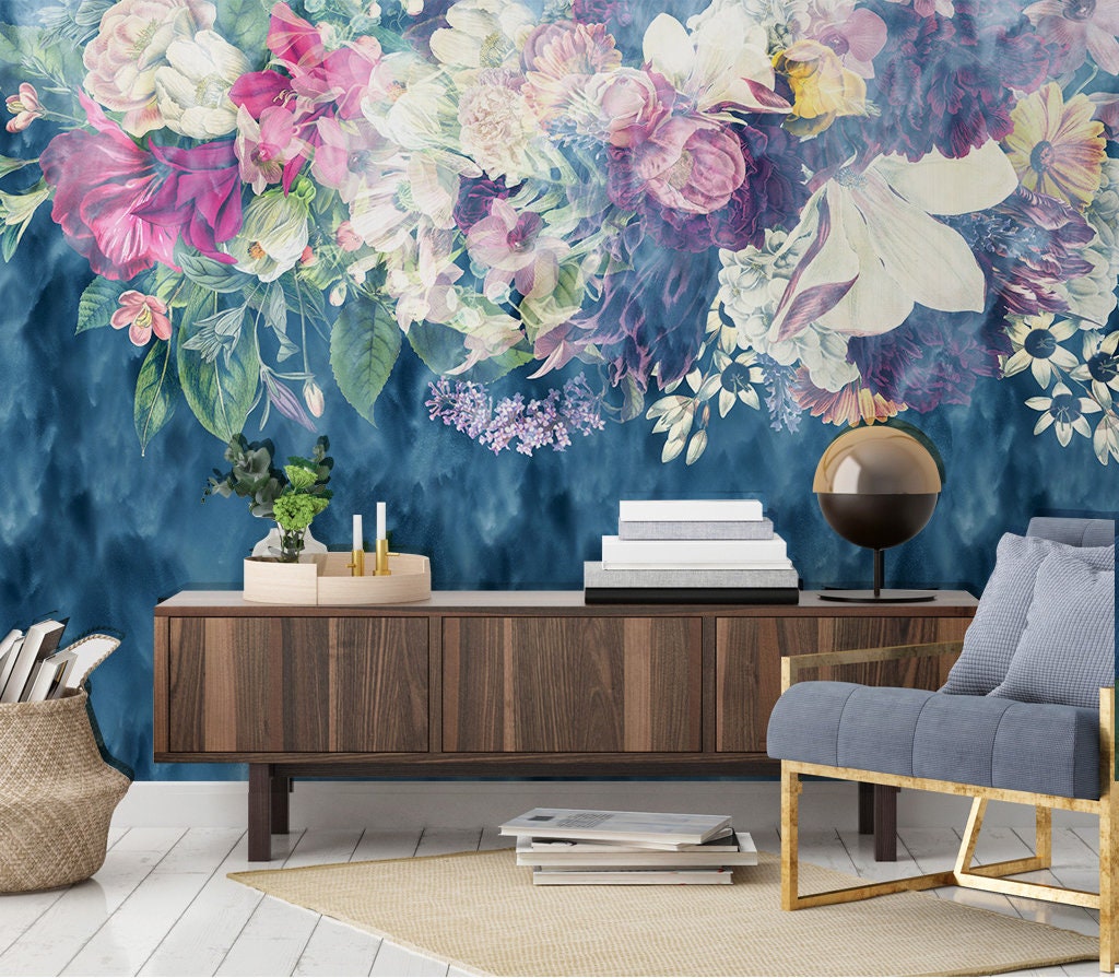 Dark Blue Floral Mural Dreamy Wallpaper Dark Flowers Peony - Etsy