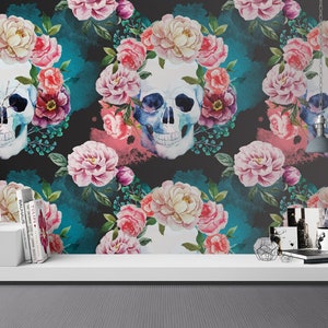 Skull and flowers Removable Wallpaper - Sugarskull - Floral Boho Self Adhesive Halloween Wall Decal - Temporary Peel and Stick Wall Art