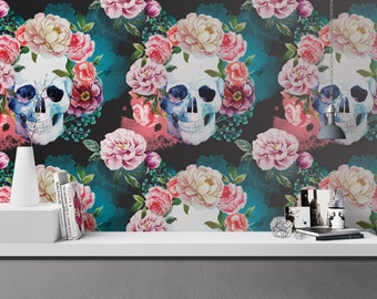 Papier peint amovible têtes de mort et fleurs - Tête de mort - Autocollant mural floral bohème auto-adhésif Halloween - Art mural autocollant temporaire