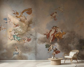 Classical Fresco Wallpaper, Cherubs and Figures Among Clouds