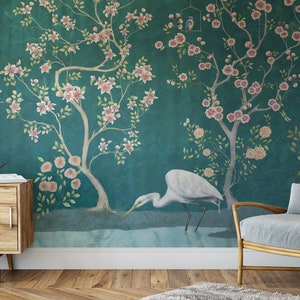 Chinoiserie Removable Wallpaper, Peel and Stick Mural, Floral Teal Chinoi Crane Heron Wallpaper, Temporary Self Adhesive Herons Wallpaper