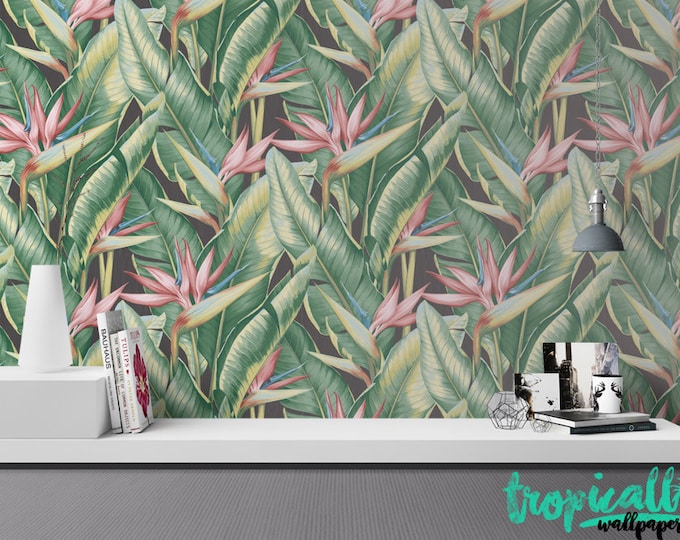 Banana Leaf and Heliconia Wallpaper - Non Woven Wallpaper or Self Adhesive Wall Decal - Temporary Peel and Stick Wall Art - Heliconia Print