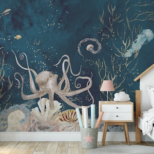 Carta da parati subacquea, murale rimovibile staccabile e attaccabile o non tessuto, carta da parati con pesci, decorazione murale subacquea, stampa di meduse e calamari