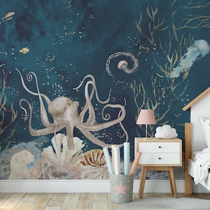 Underwater Wallpaper, Removable Peel and Stick or Non-Woven Mural, Teal Ocean Life, Underwater Wall Decor, Jellyfish and Squid Octopus Print