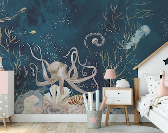 Onderwater behang, verwisselbare Peel en Stick of niet-geweven muurschildering, Teal Ocean Life, onderwater muur decor, kwallen en inktvis Octopus print