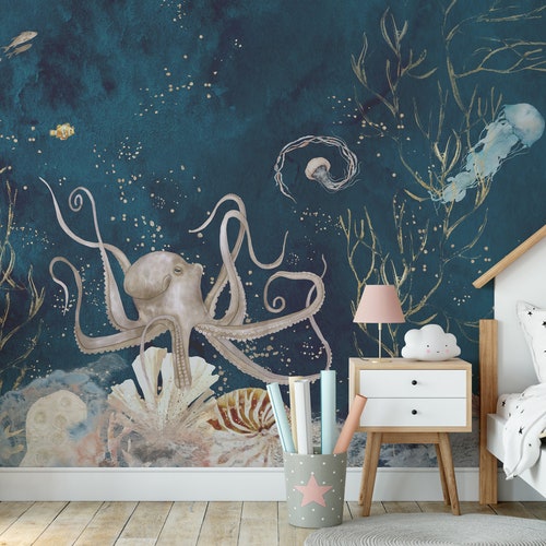 Papier peint sous-marin, Peel and Stick amovible ou murale non tissée, Teal Ocean Life, Décoration murale sous-marine, Impression de pieuvre de méduse et de calmar