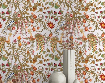 Birds of Paradise Pattern Wallpaper - Removable Wallpaper - Tropical Garden leaves Wallpaper - Exotic Wall Sticker - Tropical Wallpaper