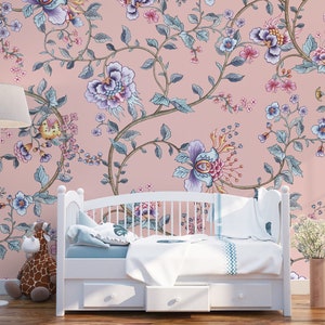 Asiatische Blumen Tapete zum Abziehen und Aufkleben: Rosa & Grünes Chinoiserie Dekor