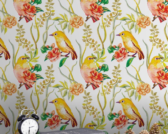 Exotic Birds Pattern Wallpaper - Removable Wallpaper - Tropical Flower and Birds Wallpaper - Exotic Wall Sticker - Tropical Wallpaper