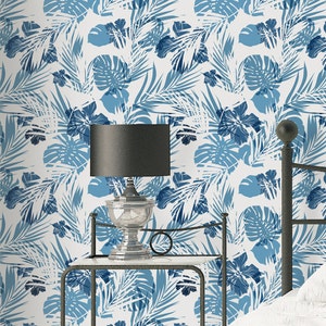 Blue Jungle Leaves Wallpaper: Peel and Stick Wall Decal