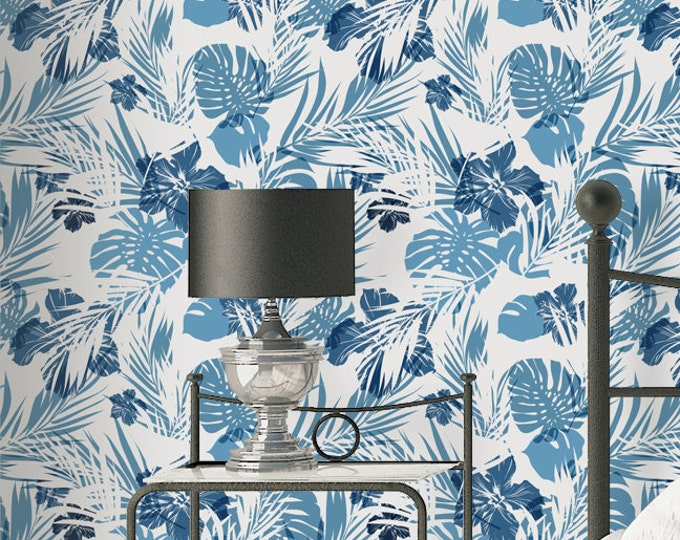 Blue Jungle Leaves Wallpaper - Removable Wallpapers - Monstera Palm Wallpaper - Self Adhesive Wall Decal - Temporary Peel and Stick Wall Art