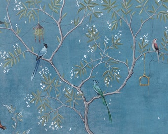 Papier peint chinoiserie, peinture murale pelable et collante ou non tissée, papier peint floral dessiné à la main, papier peint autocollant Chinoiserie