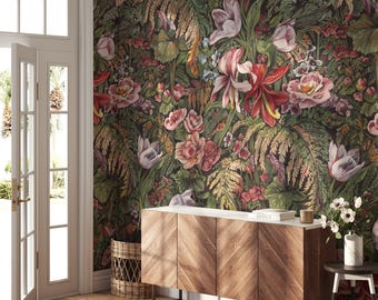 Colorful Floral Wallpaper Removable Peel Stick Tropical Peony Mural Dark Print Decal