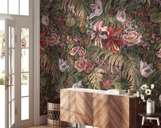 Colorful Floral Wallpaper Removable Peel Stick Tropical Peony Mural Dark Print Decal