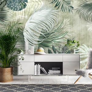 Seamless floral palm leaf wallpaper, removable floral wall decals, tropical wallpaper wall stickers, floral wallpaper print, jungle mural image 1