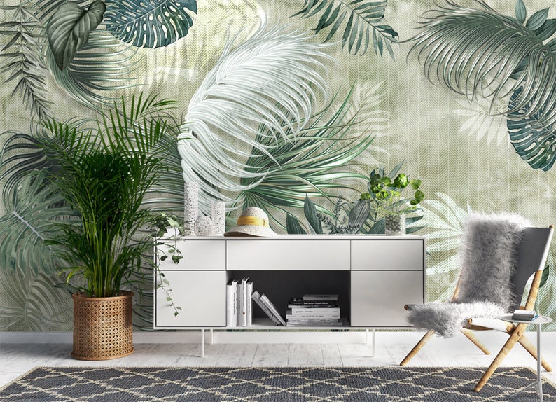 Seamless floral palm leaf wallpaper, removable floral wall decals, tropical wallpaper wall stickers, floral wallpaper print, jungle mural image 1