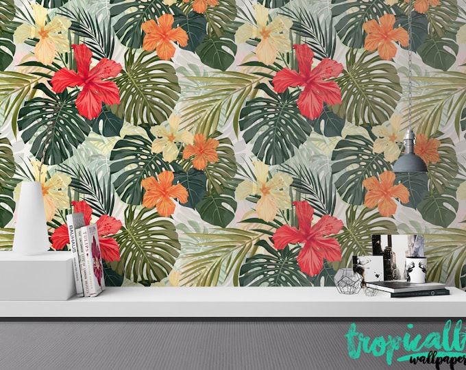 Monstera Palm Wallpaper - Removable Wallpapers - Floral Monstera Wallpaper - Self Adhesive Wall Decal - Temporary Peel and Stick Wall Art