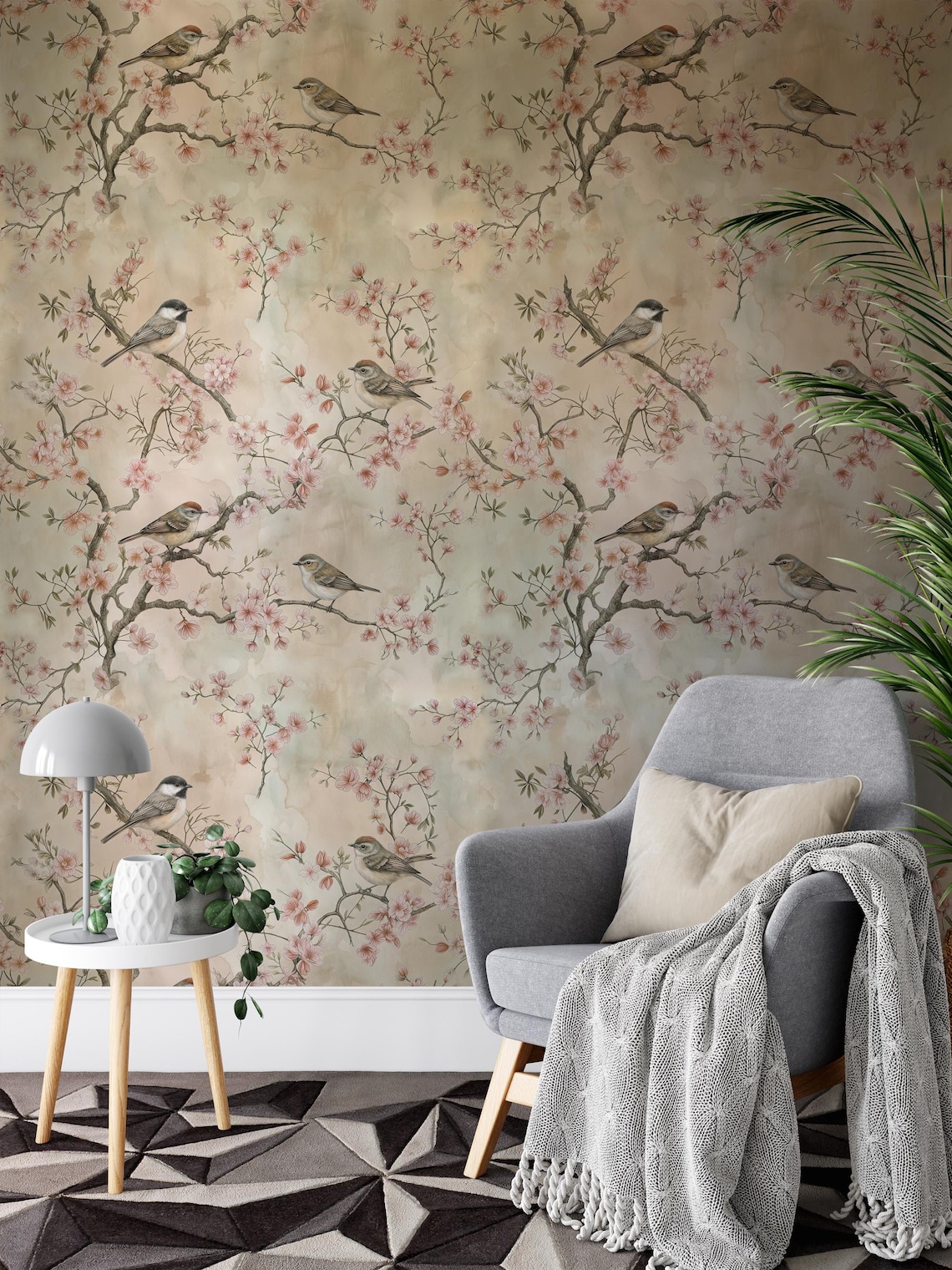 Elegant Chinoiserie Cherry Blossom Wall Mural: Soft Pastel Birds ...