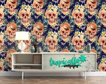 Skull and flowers Wallpaper - Removable Wallpapers - Floral Boho Wallpaper - Self Adhesive Wall Decal - Temporary Peel and Stick Wall Art