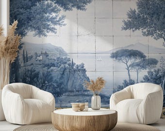 Blue Scenic Tile Wallpaper | Classical Landscape Peel and Stick