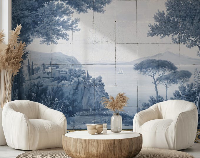 Blue Scenic Tile Wallpaper | Classical Landscape Peel and Stick