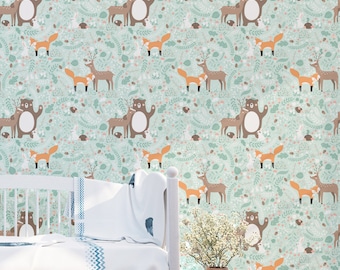 Forest Friends Pattern Wallpaper - Removable Kids Wallpaper - Childrens and toddler Wallpaper - Nursery Wall Sticker - Bear and Dear Friends