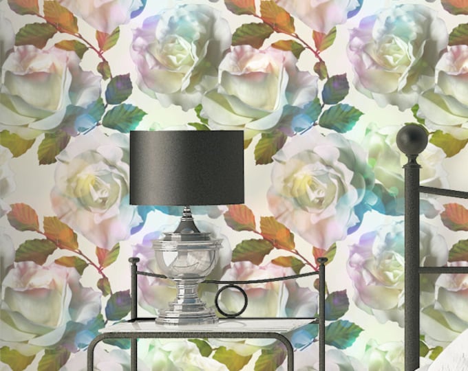 Rose Pattern Wallpaper - Removable Wallpaper - Vintage Colorful Rose Flowers Wallpaper - Exotic Wall Sticker - Tropical Wallpaper
