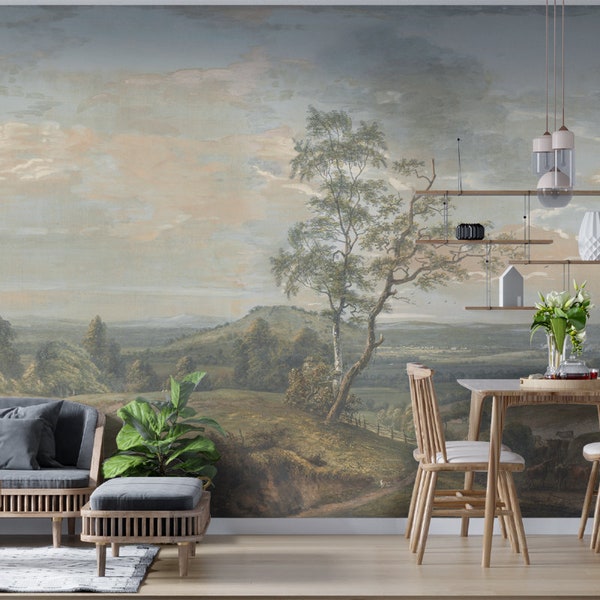 Landscape Wallpaper, Removable Peel and Stick or Non-Woven Wallpaper, Distant View  Panoramic Landscape Painting, Scenic Country Wall Mural